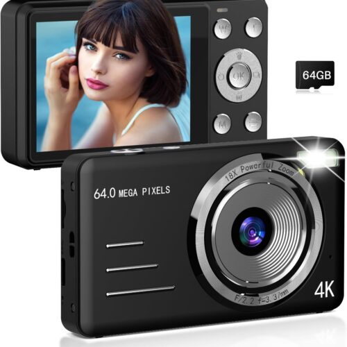 Forc Digital Camera, FHD 4K 64MP Point and Shoot Kids Digital Cameras with 64GB Card, 18X Zoom, Anti Shake, Compact Small Camera for Kids Gifts for Teens Girls Boys