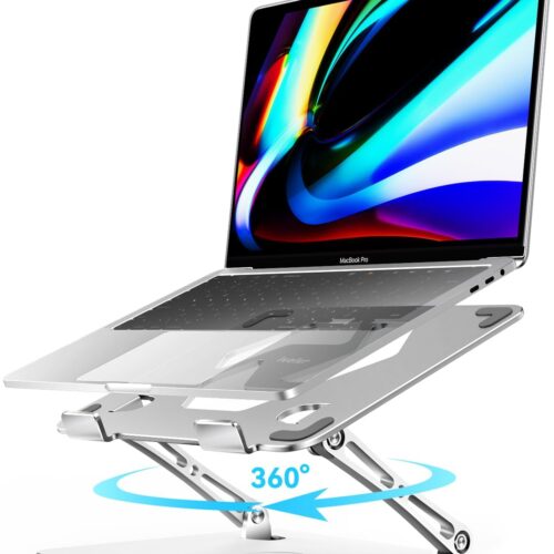 Adjustable Laptop Stand with 360° Rotating Base, Ergonomic Laptop Stand for Desk, Foldable & Portable Laptop Riser, for Collaborative Work, Fit MacBook Laptops up to 16 inches Silver
