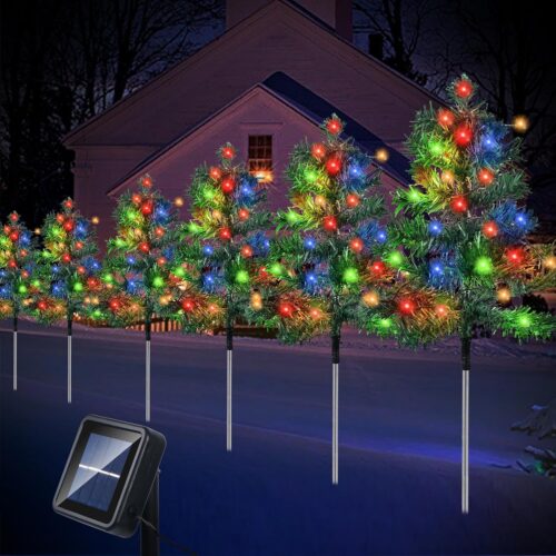 Outdoor Christmas Decorations 6-Pack Solar Christmas Tree with 8 Lighting Modes 120 Multi-Color Lights for House Outside Pathway Yard Garden Walkway Lawn Patio Front Porch Door