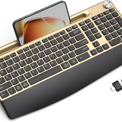 Ergonomic Wireless Keyboard with Wrist Rest-Low-Profile,Phone/Tablet Holder,Quiet Design，Windows & Mac OS，Full Size Cordless USB Computer Keyboard for Desktop,Laptop, PC, Mac, Windows-Gold