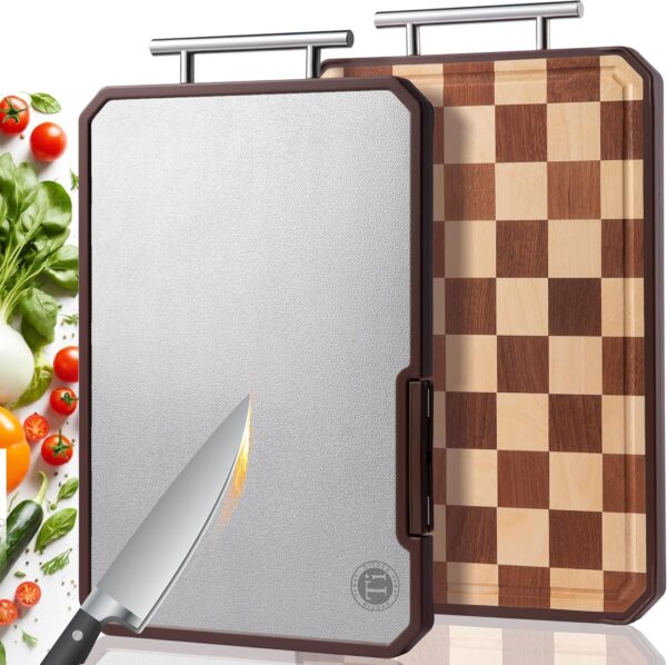 Titanium Cutting Board with Knife Sharpener, Pure Titanium & Wood Cutting Boards for Kitchen, Double Sided Checkerboard Chopping Board with Handle & Stand, 16.7”×10.4” 1