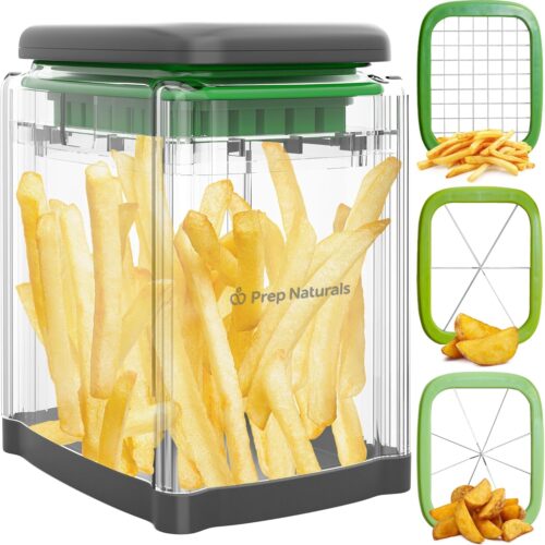 3-in-1 Manual French Fry Cutter - Interchangeable Blades for Potato Cutter & Fry Slicer - Functions as Potato Dicer & Food Dicer - Includes Safety Glove - Medium, Gray