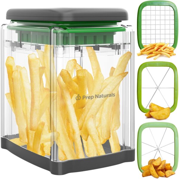 3-in-1 Manual French Fry Cutter - Interchangeable Blades for Potato Cutter & Fry Slicer - Functions as Potato Dicer & Food Dicer - Includes Safety Glove - Medium, Gray 1