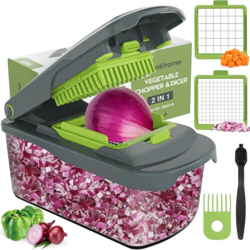 Vegetable Chopper Cutter with Container, Manual Hand Food Veggie Dicer with 2 Chopping Blades for Potato Strips, Onion Cubers, Carrot Sticks, Essential Kitchen Gadgets (2 in 1, Gray)