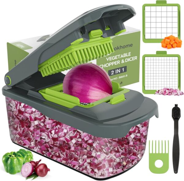 Vegetable Chopper Cutter with Container, Manual Hand Food Veggie Dicer with 2 Chopping Blades for Potato Strips, Onion Cubers, Carrot Sticks, Essential Kitchen Gadgets (2 in 1, Gray) 1
