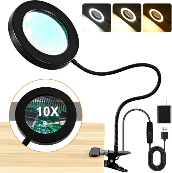 10X Magnifying Glass with Light and Timer, 2 in 1 Magnifying Desk Lamp, 3 Color Modes 10 Dimmable Brightness, Flexible Gooseneck Magnifier with Light for Craft Hobby Painting Sewing Close Work 1