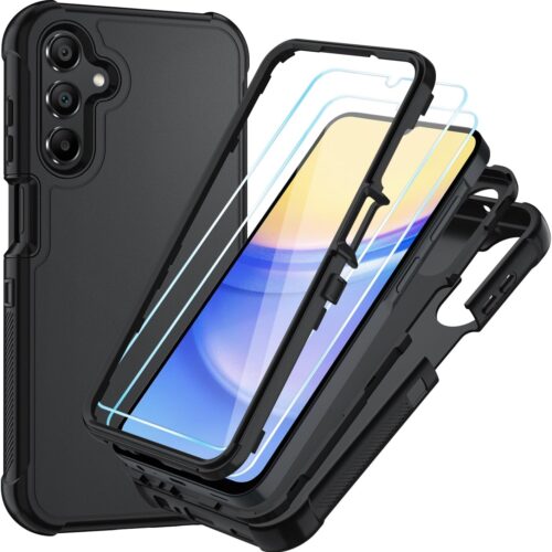 for Samsung Galaxy A15 5G Case with HD Screen Protector [3 Layer] Heavy-Duty Tough Rugged Shockproof Protective Phone Case for Samsung A15 5G, Black/Black