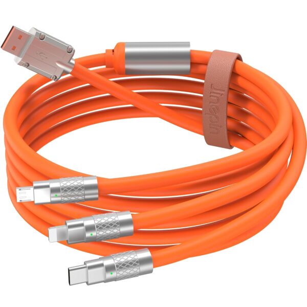 3 in 1 Multi Charging Cable, 60W Fast Charger Cords, 4ft Soft Silicone Charger Cable with Leather Strap, Type-C/Micro USB/Light-ning, Compatible with iPhone 15/iPad/Samsung/Google/PS/Tablets 1