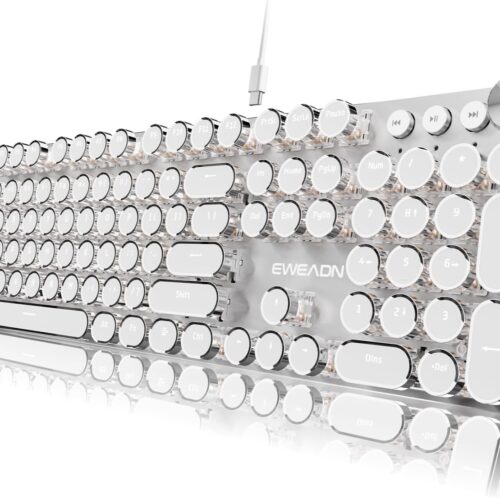 Typewriter Style Mechanical Keyboard, Wired Typewriter Keyboards,104 Keys Backlit LED Metal Keyboards, Media Control Knob, Wired Computer Keyboard White Switch for Windows/Mac/PC-White