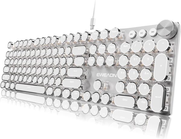 Typewriter Style Mechanical Keyboard, Wired Typewriter Keyboards,104 Keys Backlit LED Metal Keyboards, Media Control Knob, Wired Computer Keyboard White Switch for Windows/Mac/PC-White 1