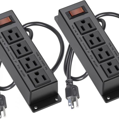 2 Packs Wall Mount Power Outlet Strip, 4 Outlet Mountable Power Strip with Switch, 3ft Cord Under Desk Power Strip for Office/Industrial/Home, Flat Plug, Black