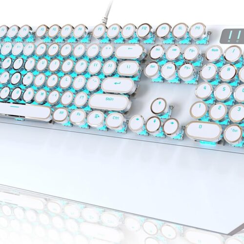 Typewriter Style Mechanical Gaming Keyboard, White Retro Punk Gaming Keyboard with Blue Backlit, 104 Keys Blue Switch Wired Cute Keyboards, Round Keycaps for Windows/Mac/PC
