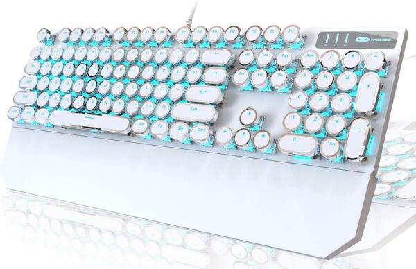 Typewriter Style Mechanical Gaming Keyboard, White Retro Punk Gaming Keyboard with Blue Backlit, 104 Keys Blue Switch Wired Cute Keyboards, Round Keycaps for Windows/Mac/PC 1