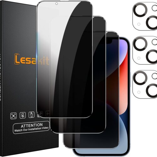 3+3 Pack Privacy Screen Protector for iPhone 14 6.1-Inch with 3 Pack Camera Lens Protector, Anti Spy Tempered Glass Film 9H Hardness Bubble Free Case Friendly