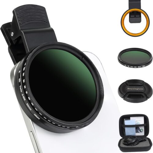 1 52MM Variable ND2-ND400 Filter, Ultra Slim Multi-Coated Adjustable Neutral Density Filter, Clip-on Phone Lens ND Filter Kit, Compatible for iPhone 15 14 13 12 11, Google Pixel and Other Smart Phones