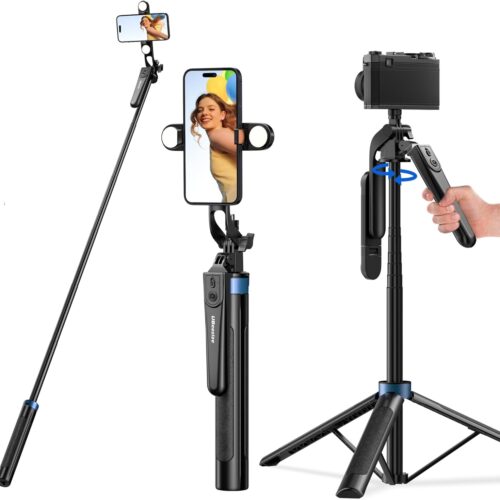64'' Extendable Selfie Stick Tripod with Light & Remote, Adjustable Phone Tripod Stand for iPhone 17-11, Android, Camera, Travel Vlogging & Video Recording