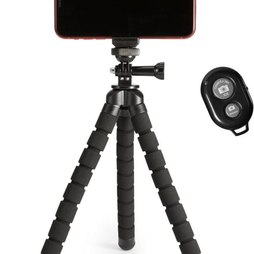 Basics Portable and Flexible Tripod with Wireless Remote and Smartphone Clamp, 10-inch long, Black