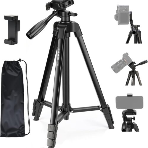 Entry Level Version Tripod for Cell Phone & Camera, Metal Lightweight Portable Travel Stand with Cold Shoe Cellphone Holder Mount Compatible with iPhone for Video Recording Filming, TP53