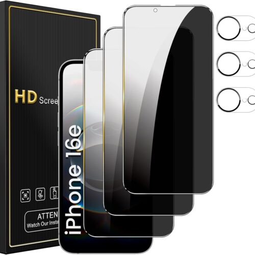 3 Pack Privacy Screen Protector for iPhone 16e 6.1 Inch with 3 Pack Camera Lens Protector, Anti Spy Tempered Glass Film, Anti-Scratch, Touch Sensitive, Case Friendly