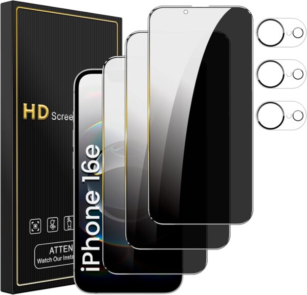 3 Pack Privacy Screen Protector for iPhone 16e 6.1 Inch with 3 Pack Camera Lens Protector, Anti Spy Tempered Glass Film, Anti-Scratch, Touch Sensitive, Case Friendly 1