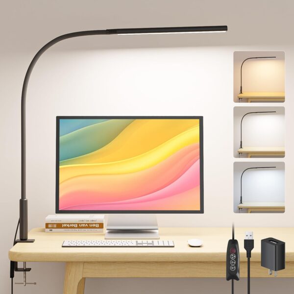 LED Desk Lamp with Clamp, Eye Caring Clip Light for Home Office, 3 Colors Stepless Dimming, Flexible Gooseneck Table Lamp with USB Adapter for Nail Reading Working Workbench Drawing Gaming (Black Pro) 1