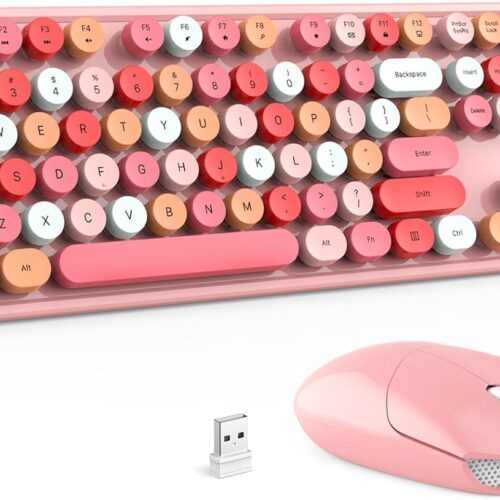 1 Wireless Keyboard and Mouse Combo - GEEZER Peach Pink Full-Sized Colorful Keyboard 104 Keys - USB 2.4 G Receiver Plug and Play with Round Keycap Typewriter Keyboards, for Windows, PC, Laptop, Desktop
