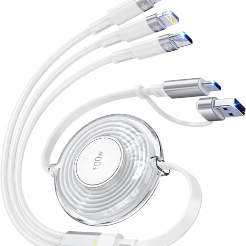 100W Multi Charging Cable, 5-in-1 Retractable USB C/A Charger Cable, 5A Fast Charging Cords for Multiple Devices with Type C/Lightning/Micro Ports for iPhone, iPad, Tablets, Galaxy, Note - 4FT, White