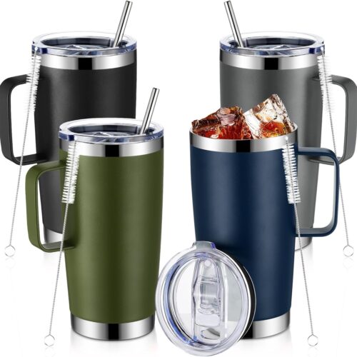 4 Pcs 20 oz Stainless Steel Coffee Mug with Handle Insulated Tumbler with Lid and Straw Brush Double Wall Vacuum Thermal Cup Reusable Portable Coffee Tumbler for Hot Cold Drinks (Mixed Colors)