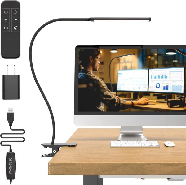 Desk Lamp with Remote, 3 Color & 5 Brightness & 77LED Dimmable Reading Lamp, 27.6'' Flexible Gooseneck Clamp Lamp, Eye-Caring Clip on Light with Adapter for Reading Study Workbench Drafting 1