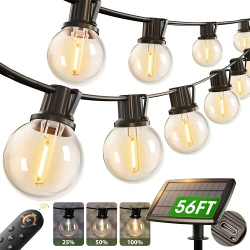 56FT(50+6) Solar String Lights Outdoor with Remote, 27 Shatterproof G40 Bulbs, Solar Powered & USB Charging Patio Lights, Dimmable Waterproof Solar String Lights for Outside, Camping, Backyard