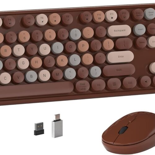 Colorful Wireless Computer Keyboard and Mouse Combo with Round Typewriter Keycaps, Retro Design, Power Switch, Ergonomic Design, 2.4GHz Wireless for Windows, Mac, PC(Coffee-Colorful)