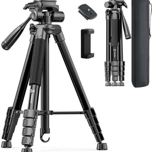 73" Camera Tripod Stand, Aluminum Tripod with Phone Holder, Travel Bag, Compatible with GoPro/DSLR/Cell Phone/Camcorder, Max Load 8.8LB (Black)