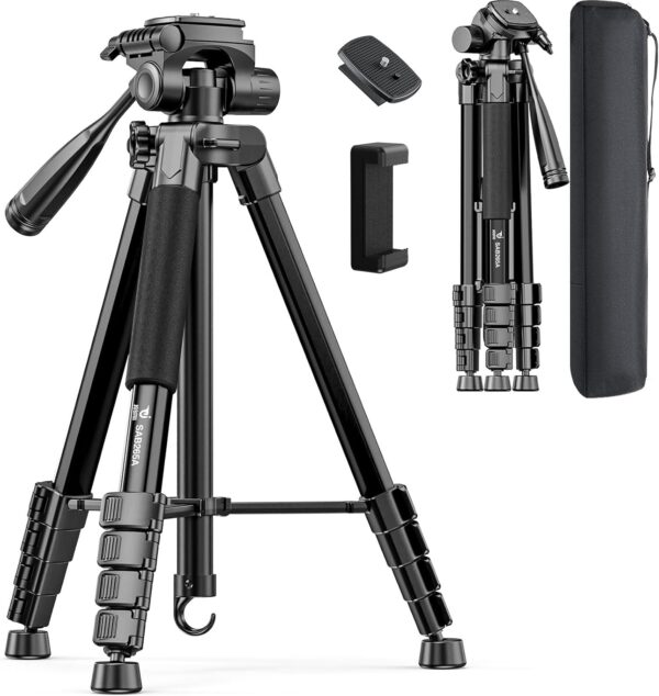 73" Camera Tripod Stand, Aluminum Tripod with Phone Holder, Travel Bag, Compatible with GoPro/DSLR/Cell Phone/Camcorder, Max Load 8.8LB (Black) 1