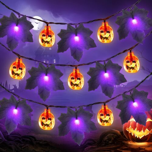 Halloween String Lights 30LEDs 3D Maple Leaf Pumpkin Light, Battery Operated Halloween Lights Indoor Orange and Purple Halloweens Decorations Lights
