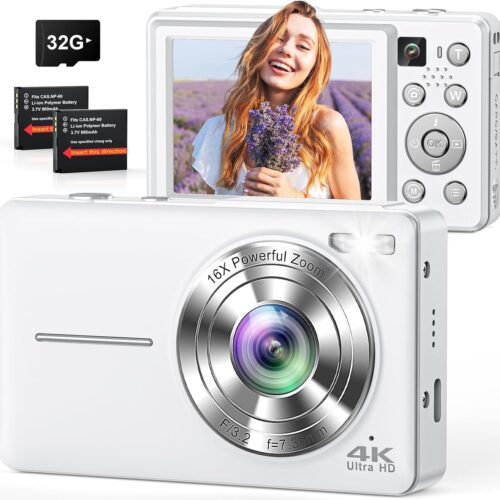 1 Digital Camera, 4K 64MP Cameras for Photography, Point and Shoot Digital Camera with Auto Focus, Dual Camera, Flash, 16X Zoom, Anti Shake, 32GB Card, Compact Vlogging Camera for Teens, Adults