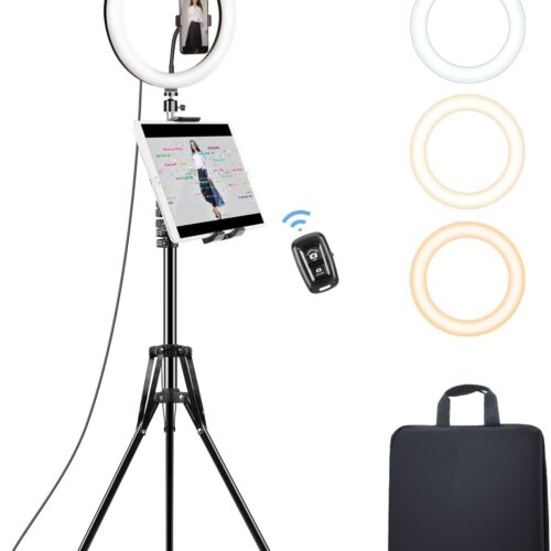 1 12’’ Ring Light with Tripod Stand (72’’ Tall) & iPad/Phone Holder, Dimmable Selfie Circle LED Lights Ringlight for Video Recording, Conference, Makeup, Laptop, Computer, Webcam, YouTube