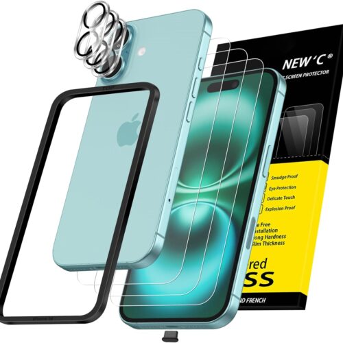 NEW'C 3x for iPhone 16 Screen Protector (6.1 inches)+ 3x Camera Lens Protector, Sensor Protection, Case Friendly Tempered Glass Film + Dust Plug- Easy installation tool include