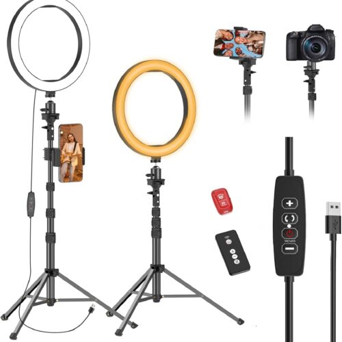 1 10" Ring Light with 55" Extendable Tripod Stands and Phone Holder, Dimmable LED Circle Round Light for Selfie Camera Photography/Makeup/YouTube Video/Vlogging/Live Streaming