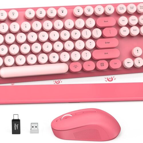 1 Wireless Keyboard and Mouse Combo - Round Keycaps, Full-Size Retro Typewriter Keyboard with Detachable Wrist Rest, Sleep Mode & Tilt Legs, 2.4GHz Cordless Connection for Mac/Windows/PC (Hot Pink)