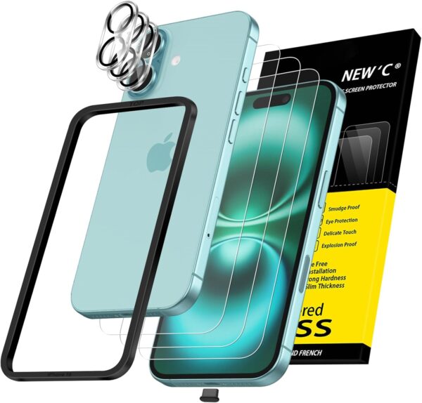 NEW'C 3x for iPhone 16 Screen Protector (6.1 inches)+ 3x Camera Lens Protector, Sensor Protection, Case Friendly Tempered Glass Film + Dust Plug- Easy installation tool include 1