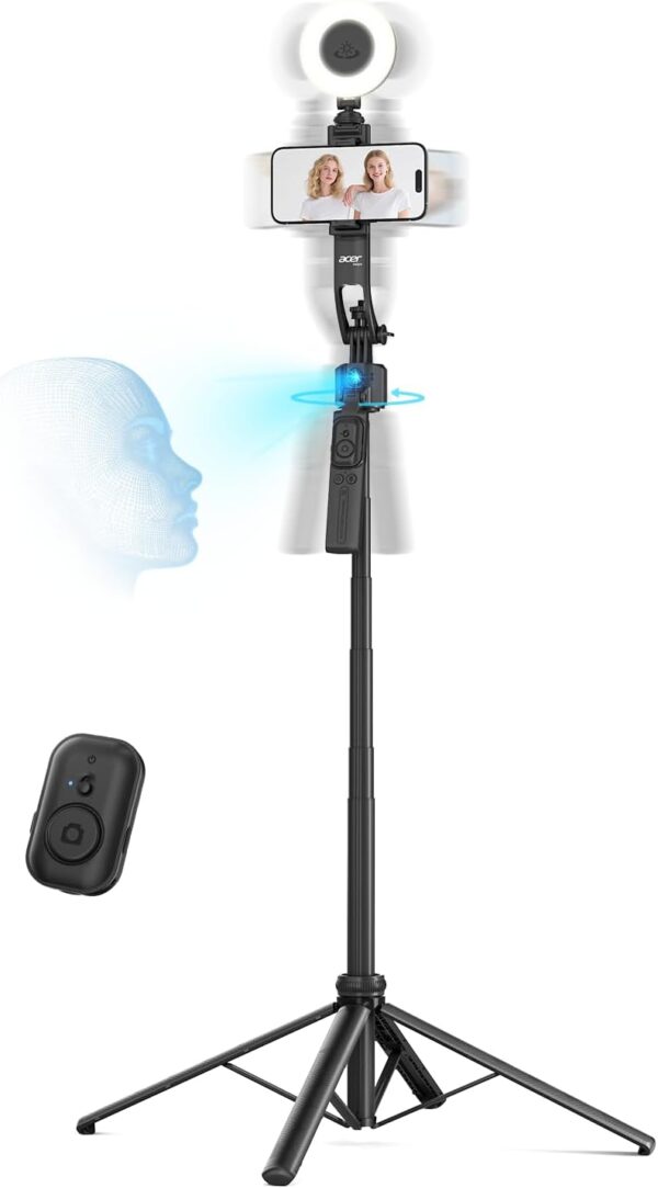 Auto Face Tracking Tripod for iPhone/Cell Phone/Android/Camera with Light and Remote, 64", No App, 360°Rotating Tripod Selfie Stick for Tiktok YouTube Vlog Live Streaming Video Recording 1