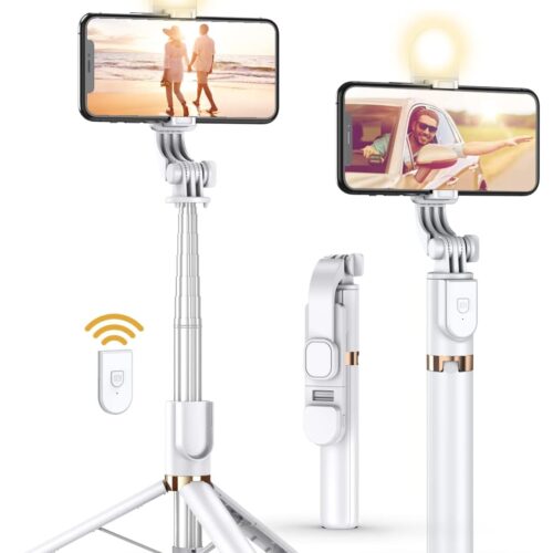 Selfie Stick Tripod with Wireless Remote, 46'' Cellphone Selfie Stick Tripod with LED Fill Light, for iPhone 16/15/14/14 pro/13/13 Pro/12/11/11 Pro/XS Max/XS/XR/X/8/7 and Android Smartphone(Upgrade)