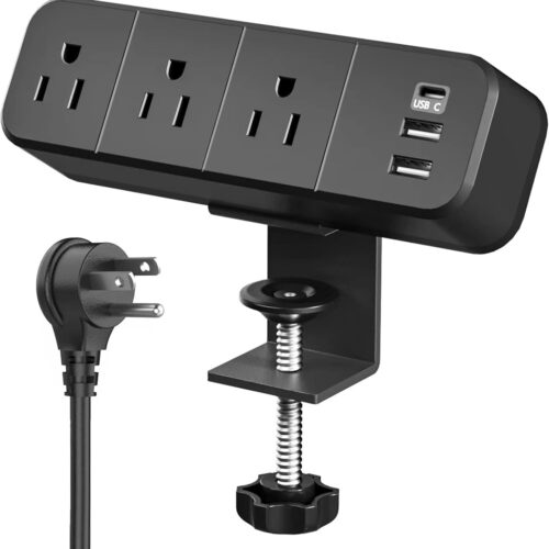 1 Desk Clamp Power Strip with 3 AC Outlets, Desktop Edge Mount 1625W Surge Protector with 2 USB A and 1 USB C Ports, 6.5 ft Plug Extension Cord, Desk Edge Power Strip for Home, Office, Black