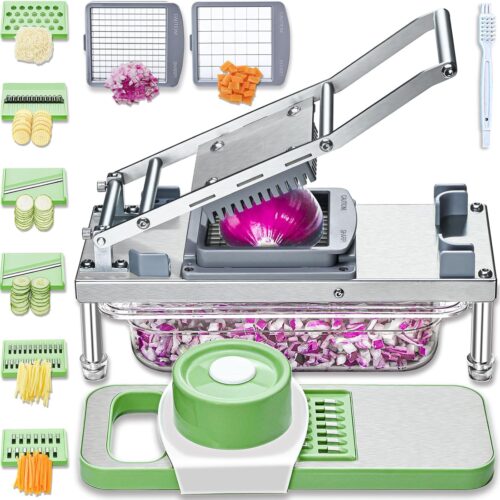 1 All-in-1 Vegetable Chopper with 8 Blades - Mandoline Slicer-Pro Food Chopper with Container - Veggie Salad Onion Chopper - Potato Dicer French Fry Cutter - Cheese Grater - Stainless Steel material