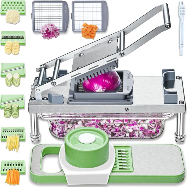 All-in-1 Vegetable Chopper with 8 Blades - Mandoline Slicer-Pro Food Chopper with Container - Veggie Salad Onion Chopper - Potato Dicer French Fry Cutter - Cheese Grater - Stainless Steel material 1