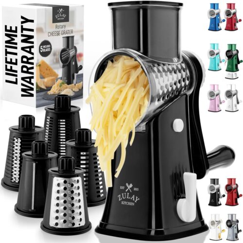1 Kitchen Rotary Cheese Grater 5 Blade Cheese Shredder - Manual Hand Crank Cheese Grater With Reinforced Suction & 5 Interchangeable Drums - Easy to Use, Vegetable Chopper Round Mandoline Slicer
