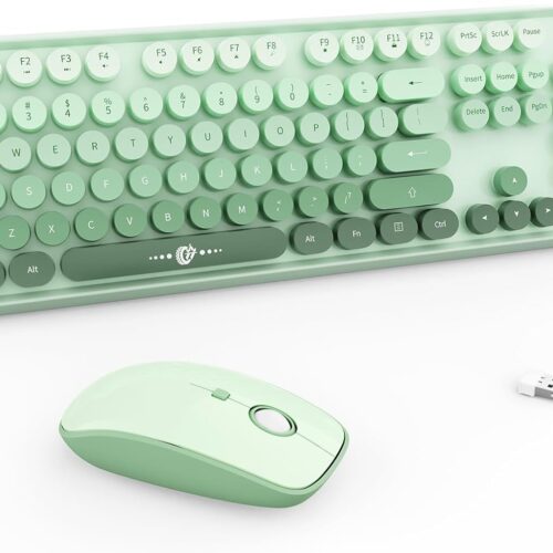 Wireless Keyboard and Mouse Combo - 2.4G Full-Sized Cute Colorful Mouse and Keyboard with 104 Round Keys Retro Typewriter Keyboard for Laptop/Windows/PC - Green Gradient