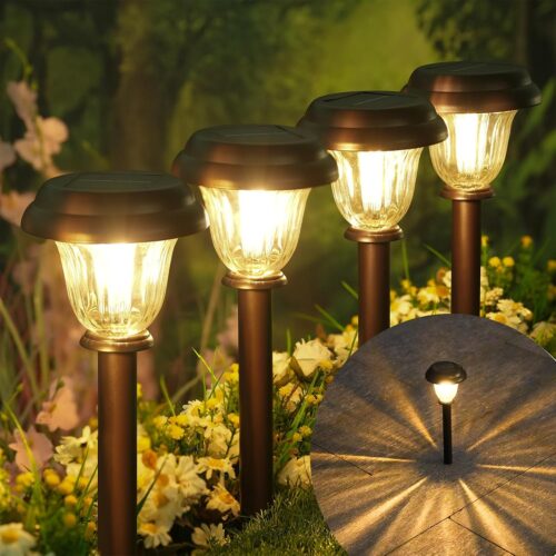 8 Pack Solar Lights Outdoor, Stainless Steel Glass Solar Pathway Lights, Auto On/Off Long-Lasting Waterproof Landscape Lighting for Garden, Landscape, Path, Yard, Warkway (Warm White)