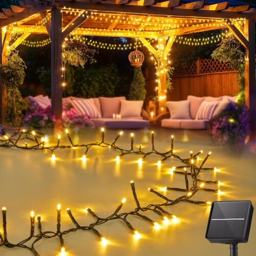 Solar String Lights Outdoor Waterproof, 9.8Ft 120 LED Christmas Tree Lights with 8 Modes, Solar Christmas Lights Outdoor for Yard, Fence, Balcony, Party, Christmas Decor (Warm White)