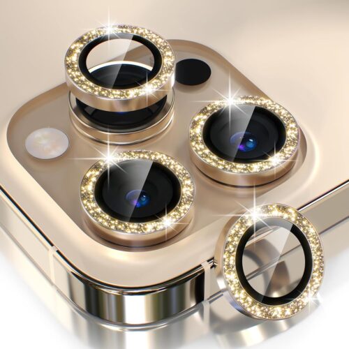 1 [3+1 for iPhone 13 Pro/iPhone 13 Pro Max Camera Lens Protector Bling, 9H Tempered Glass Camera Cover Screen Protector Metal Ring Decoration Accessories (Glitter-Gold)
